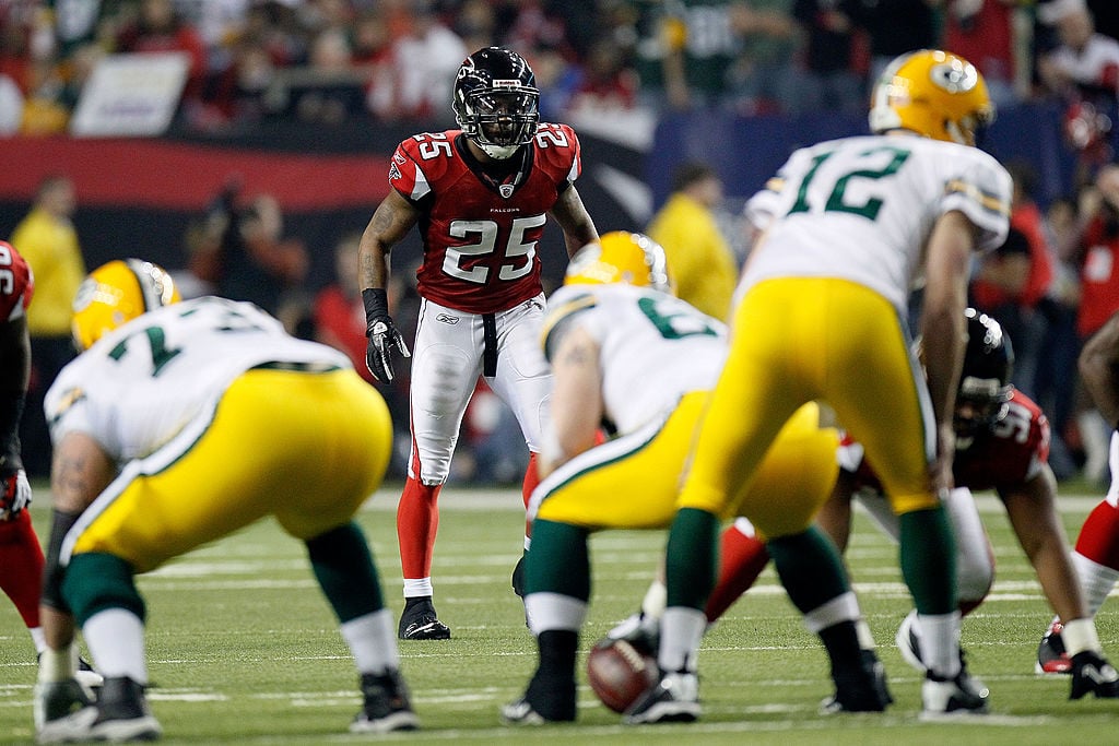 Preparing for doom. That's what this Atlanta Falcons safety experienced as Aaron Rodgers prepared his teammates in the 2010 NFC Divisional Playoff. Rodgers had maybe the best day of his career - 31-36, 366 passing yards, three touchdown passes and a scoring run in a 48-21 thrashing of the Falcons en route to their win in Super Bowl XLV. (Photo by Kevin C. Cox/Getty Images)