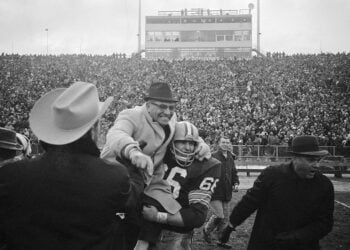 The Packers got away with one. Or so the Baltimore Colts thought. In a game with both Bart Starr and Johnny Unitas injured, the defenses dominated before Don Chandler kicked a field goal in the final two minutes of the game to send it to overtime. But the Colts didn't think so, believing the kick went wide. In an era without replay, the call stood and Chandler kicked a sure-and-true 25 yard boot in the 5th quarter to give the Packers a 13-10 win in the 1965 Western Division playoff. The Packers would win the NFL Title seven days later over Cleveland. (Photo: Getty Images)