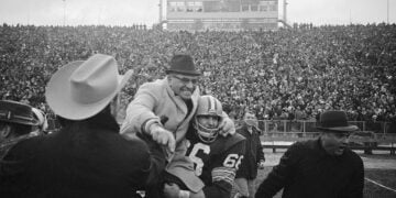 The Packers got away with one. Or so the Baltimore Colts thought. In a game with both Bart Starr and Johnny Unitas injured, the defenses dominated before Don Chandler kicked a field goal in the final two minutes of the game to send it to overtime. But the Colts didn't think so, believing the kick went wide. In an era without replay, the call stood and Chandler kicked a sure-and-true 25 yard boot in the 5th quarter to give the Packers a 13-10 win in the 1965 Western Division playoff. The Packers would win the NFL Title seven days later over Cleveland. (Photo: Getty Images)