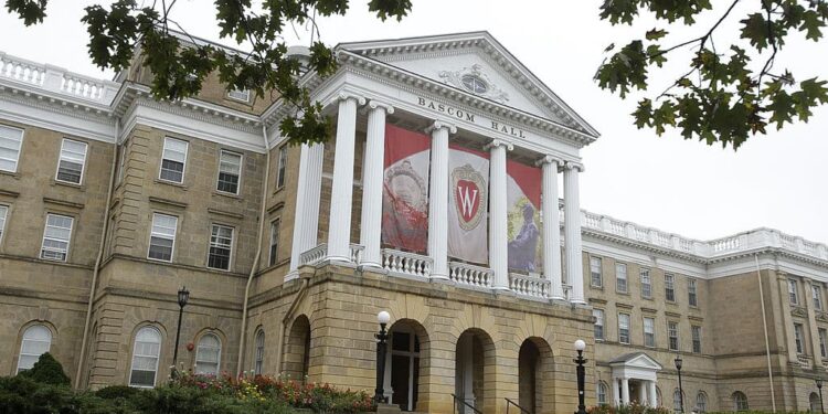 An outside view of Bascom Hall on the campus of the University of Wisconsin on October 12, 2013 in Madison, Wisconsin.