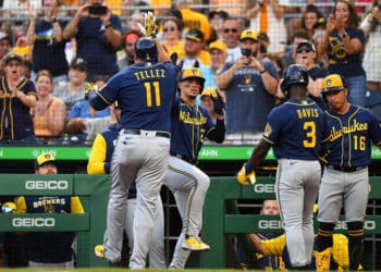 PITTSBURGH, PA - JULY 01:  Rowdy Tellez #11 celebrates his three run home run with Willy Adames #27 of the Milwaukee Brewers during the second inning against the Pittsburgh Pirates at PNC Park on July 1, 2022 in Pittsburgh, Pennsylvania. (Photo by Joe Sargent/Getty Images)
