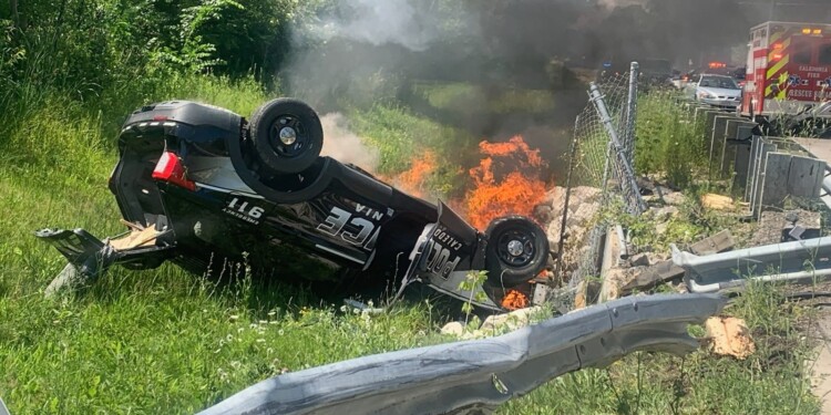 Bystanders were able to pull the officer from the car before the flames spread. Photo from the Caledonia Police Department.