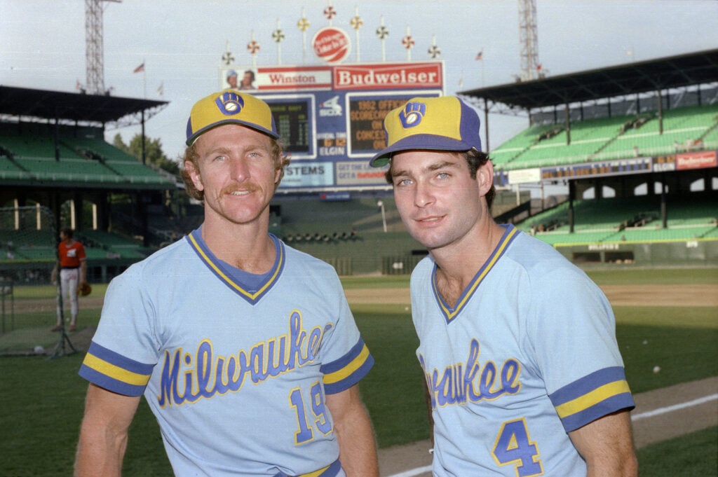 CHICAGO - UNDATED 1983: Paul Molitor (R) and Robin Yount (L) of the Milwaukee Brewers pose before an MLB game at Comiskey Park in Chicago, Illinois. Molitor played with the Milwaukee Brewers from 1978-1992.  Yount Played with the Milwaukee Brewers from 1974-1993. (Photo by Ron Vesely/MLB Photos via Getty Images)