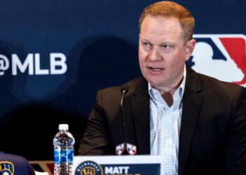 NASHVILE, TN - DECEMBER 04:  Milwaukee Brewers General Manager Matt Arnold talks to the media during the Jackson Chourio Press Conference at the Gaylord Opryland Resort & Convention Center on Monday, December 4, 2023 in Nashvile, Tennessee. (Photo by Casey Gower/MLB Photos via Getty Images)