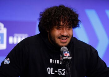 INDIANAPOLIS, INDIANA - MARCH 02: Jordan Morgan #OL52 of the Arizona speaks to the media during the 2024 NFL Combine at the Indiana Convention Center on March 02, 2024 in Indianapolis, Indiana. (Photo by Justin Casterline/Getty Images)