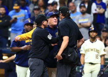 MILWAUKEE, WI - APRIL 29: Milwaukee Brewers manager Pat Murphy (21) is ejected by umpire Ryan Additon (67) during a game between the Milwaukee Brewers and the Tampa Bay Rays at American Family Field on April 29, 2024 in Milwaukee, WI. (Photo by Larry Radloff/Icon Sportswire via Getty Images)