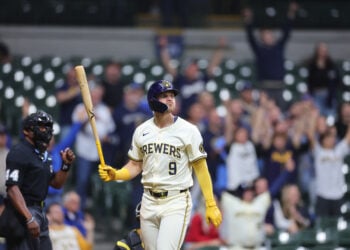 MILWAUKEE, WISCONSIN - MAY 13: Jake Bauers #9 of the Milwaukee Brewers reacts after hitting a grand slam against the Pittsburgh Pirates during the eighth inning at American Family Field on May 13, 2024 in Milwaukee, Wisconsin. (Photo by Stacy Revere/Getty Images)