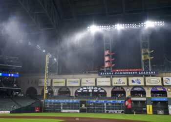 HOUSTON, TEXAS - MAY 16: Rain and wind sweep through before the game between the Houston Astros and Oakland Athletics Minute Maid Park on May 16, 2024 in Houston, Texas. (Photo by Logan Riely/Getty Images)