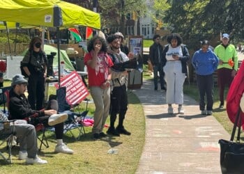 UWM student protestors doing chants in the "Falasteen Lawn" area