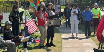 UWM student protestors doing chants in the "Falasteen Lawn" area