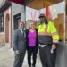 Mayor Johnson standing next to Alderwoman Jocasta Zamarripa and a DPW worker in front of VIA CDC
