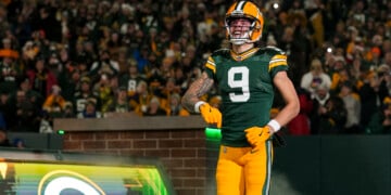 GREEN BAY, WISCONSIN - DECEMBER 23: Wide receiver Christian Watson #9 of the Green Bay Packers enters the field during player introductions prior to an NFL football game against the New Orleans Saints, at Lambeau Field on December 23, 2024 in Green Bay, Wisconsin. (Photo by Todd Rosenberg/Getty Images)