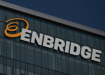 Logo of Enbridge Inc. a multinational pipeline company headquartered in Calgary, Alberta. On Sunday, May 15, 2022, in Edmonton, Alberta, Canada. (Photo by Artur Widak/NurPhoto via Getty Images)