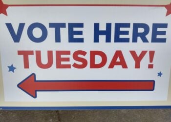 Vote Here Tuesday sign from West Allis. (WTMJ file photo)