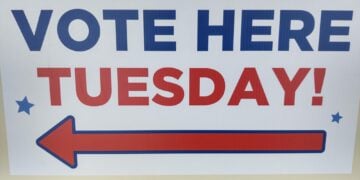 Vote Here Tuesday sign from West Allis. (WTMJ file photo)