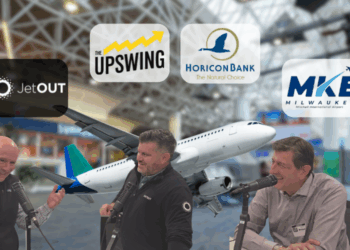 The Upswing Host Jeff Sherman with Jet Out COO Matt Wild and Milwaukee Mitchell International Airport Director Brian Dranzik