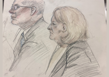 Court sketch of Judge Hannah Dugan Trial - December 18, 2025. Image courtesy of Adela Tesnow.