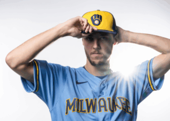Jacob Misiorowski in the Milwaukee Brewers 2026 Alternate Powder Blue Road Jersey (Photo: Brewers)