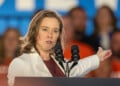 Wisconsin Lt. Gov. Sara Rodriguez speaks at a campaign event for Democratic presidential nominee Vice President Kamala Harris, Nov. 1, 2024, in Little Chute, Wis. (AP Photo/Andy Manis, File)