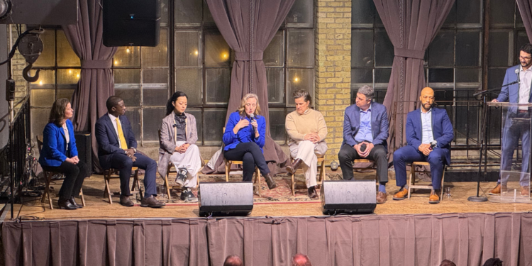 (Left to right) Sara Rodriguez, David Crowley, Francesca Hong, Kelda Roys, Missy Hughes, Joel Brennan, and Mandela Barnes participate in a candidate forum at The Cooperage in Milwaukee. January 21, 2026. (Photo: Elisabeth Montemurro)