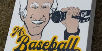 Corn hole game featuring "Mr. Baseball" Bob Uecker.