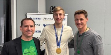 Olympic Gold Medalist Jordan Stolz joins Vince Vitrano & Erik Bilstad on Wisconsin's Morning News live in studio, March 17, 2026 (Photo: Elisabeth Montemurro)