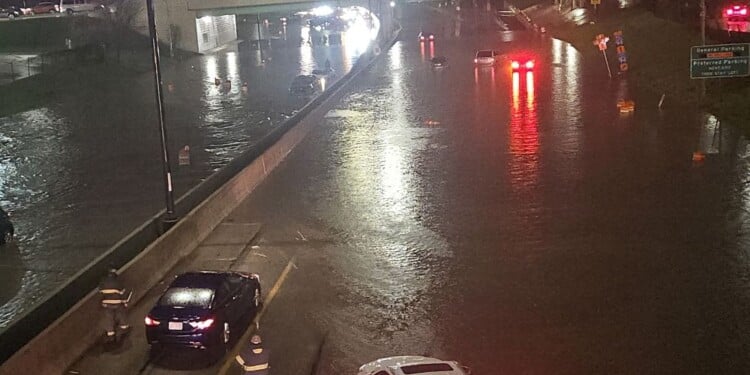Part of I-94 flooded Wednesday night outside American Family Field.