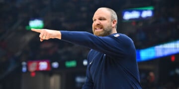 CLEVELAND, OHIO - FEBRUARY 23: Taylor Jenkins of the Memphis Grizzlies reacts during the first quarter against the Cleveland Cavaliers at Rocket Arena on February 23, 2025 in Cleveland, Ohio. NOTE TO USER: User expressly acknowledges and agrees that, by downloading and or using this photograph, User is consenting to the terms and conditions of the Getty Images License Agreement. (Photo by Jason Miller/Getty Images)