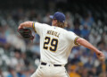 MILWAUKEE, WISCONSIN - APRIL 14: Trevor Megill #29 of the Milwaukee Brewers pitches against the Toronto Blue Jays during the ninth inning at American Family Field on April 14, 2026 in Milwaukee, Wisconsin. (Photo by Patrick McDermott/Getty Images)