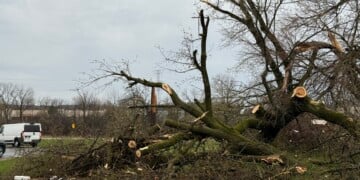 Storm damage in Sussex after a confirmed tornado touchdown on April 14, 2026.