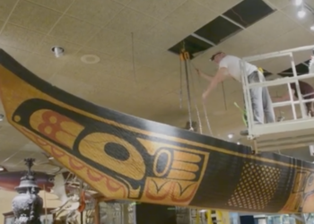 Replica canoe carved by the Haida is moved from Milwaukee Public Museum, April 2026.