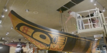 Replica canoe carved by the Haida is moved from Milwaukee Public Museum, April 2026.