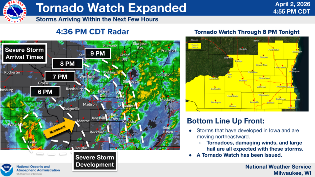 Tornado Watch for all of Southeast Wisconsin, plus Severe Thunderstorm ...