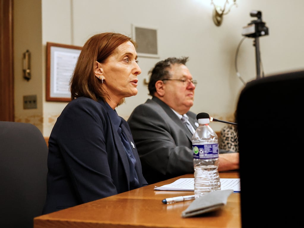 UW Board of Regents President Amy Bogost speaks during a hearing with the Wisconsin State Senate Committee on Education on Thursday, April 9, 2026 at the Wisconsin State Capitol in Madison, Wis. (Owen Ziliak/Wisconsin State Journal via AP)