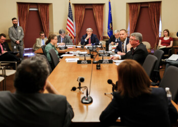 UW Board of Regents President Amy Bogost and Regent Timothy Nixson, close, are questioned at a hearing with the Wisconsin State Senate Committee on Education on Thursday, April 9, 2026 at the Wisconsin State Capitol in Madison, Wis. (Owen Ziliak/Wisconsin State Journal via AP)