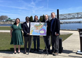 (left to right) Milwaukee Parks Foundation Executive Director Rebecca Stoner, Milwaukee County Executive David Crowley, Milwaukee County Parks Director Guy Smith, Attorney Michael Hupy and Milwaukee County Supervisor Sheldon Wasserman at the announcement for a drone show on July 3 in MIlwaukee.