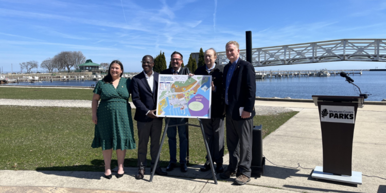 (left to right) Milwaukee Parks Foundation Executive Director Rebecca Stoner, Milwaukee County Executive David Crowley, Milwaukee County Parks Director Guy Smith, Attorney Michael Hupy and Milwaukee County Supervisor Sheldon Wasserman at the announcement for a drone show on July 3 in MIlwaukee.