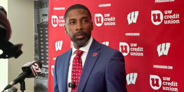 Wisconsin interim athletic director Marcus Sedberry speaks to reporters during a news conference, Thursday, April 23, 2026, in Madison, Wis. (AP Photo/Steve Megargee)
