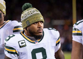 CHICAGO, ILLINOIS - JANUARY 10: Josh Jacobs #8 of the Green Bay Packers looks on prior to an NFL wild card playoff game against the Chicago Bears at Soldier Field on January 10, 2026 in Chicago, Illinois. (Photo by Michael Owens/Getty Images)