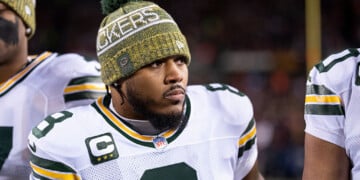 CHICAGO, ILLINOIS - JANUARY 10: Josh Jacobs #8 of the Green Bay Packers looks on prior to an NFL wild card playoff game against the Chicago Bears at Soldier Field on January 10, 2026 in Chicago, Illinois. (Photo by Michael Owens/Getty Images)