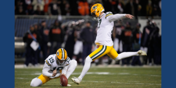 FILE - Green Bay Packers' Brandon McManus kicks a field goal during the first half of an NFL football game against the Chicago Bears Dec. 20, 2025, in Chicago. (AP Photo/Erin Hooley, File)