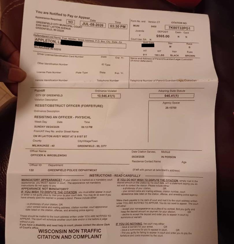 Redacted arrest citation from incident at Dan Jansen Family Fest on May 24, 2026.