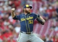 Brandon Woodruff throws a pitch at Great American Ballpark in Cincinnati.