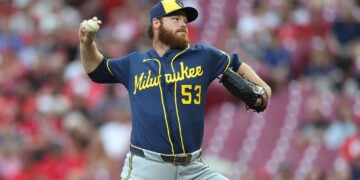 Brandon Woodruff throws a pitch at Great American Ballpark in Cincinnati.