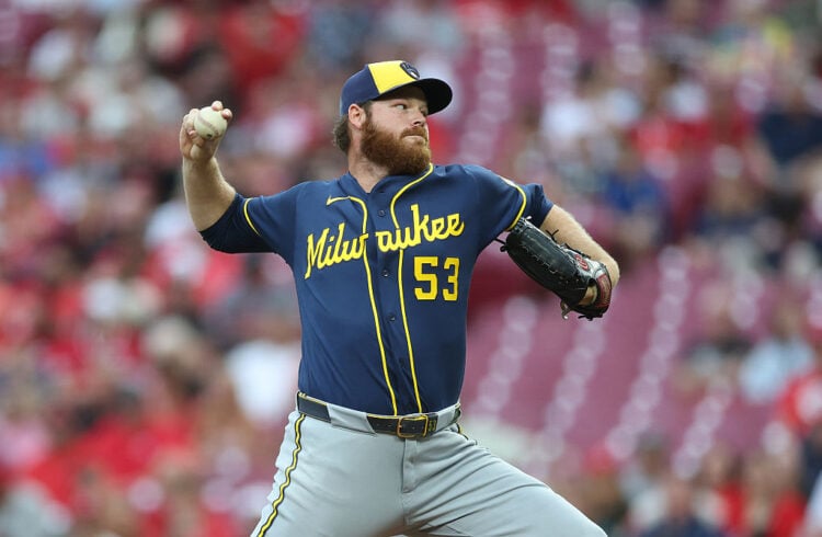 Brandon Woodruff throws a pitch at Great American Ballpark in Cincinnati.