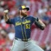 Brandon Woodruff throws a pitch at Great American Ballpark in Cincinnati.