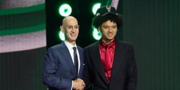 NEW YORK, NEW YORK - JUNE 23: NBA commissioner Adam Silver shakes hands with Brayden Burries after he is drafted tenth overall by the Milwaukee Bucks during Round One of the 2026 NBA Draft at Barclays Center on June 23, 2026 in New York City. (Photo by Arturo Holmes/Getty Images)