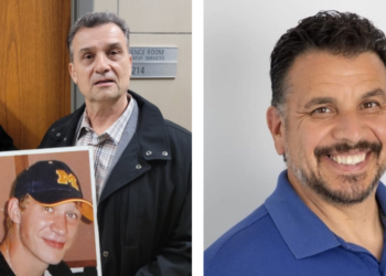 (left) Michael Bell Sr. with a photo of his son, the late Michael Bell, Jr. Image courtesy of the family. (left) Former Kenosha police officer Brian Gonzales. Image courtesy of the Gonzales for Kenosha County Sheriff campaign.