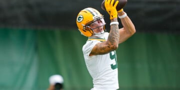 Green Bay Packers wide receiver Christian Watson works out during NFL football practice, Tuesday, June 9, 2026, in Green Bay, Wis. (AP Photo/Kayla Wolf)