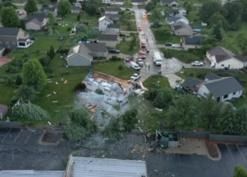 Damage from an EF-1 tornado in the Village of Belleville on June 17, 2026. Image courtesy of Belleville Area EMS.